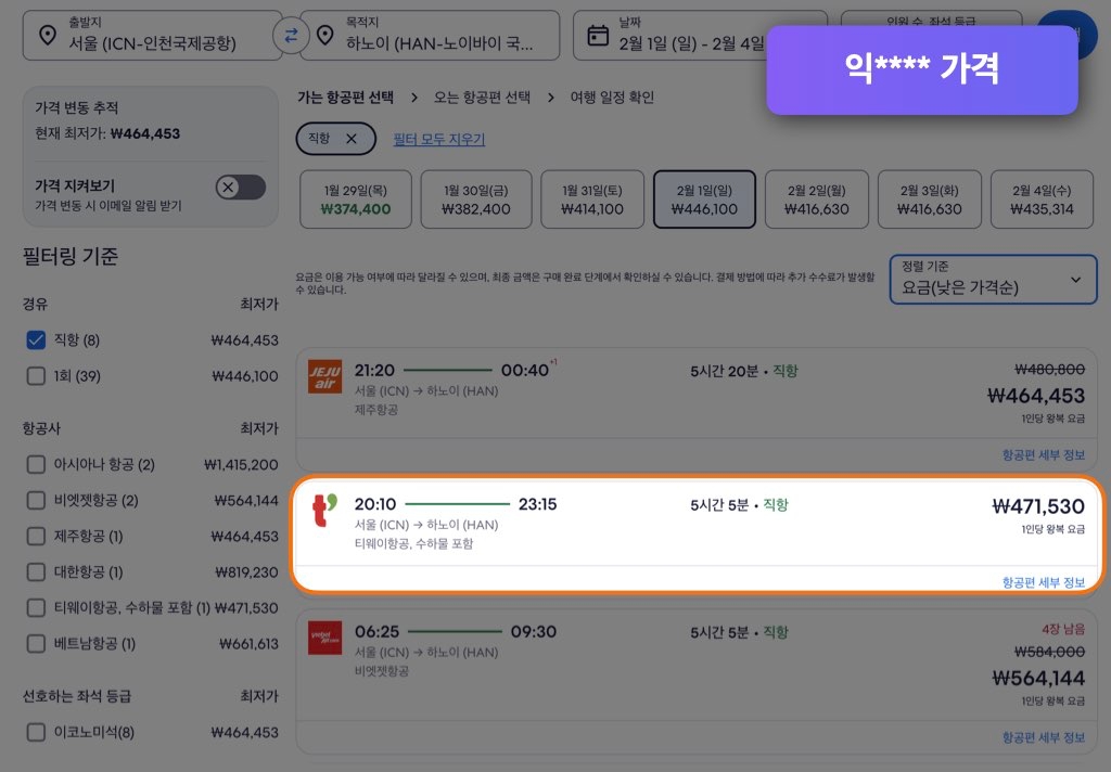익스피디아 하노이 항공권 가격