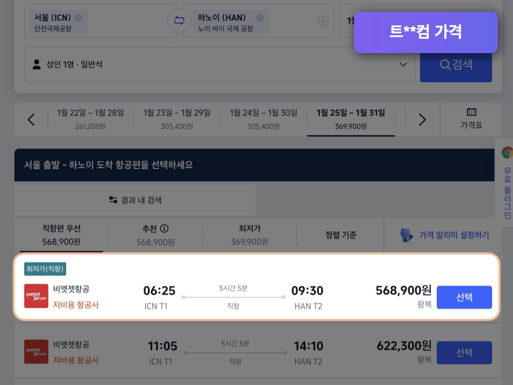 트립닷컴 하노이 항공권 가격